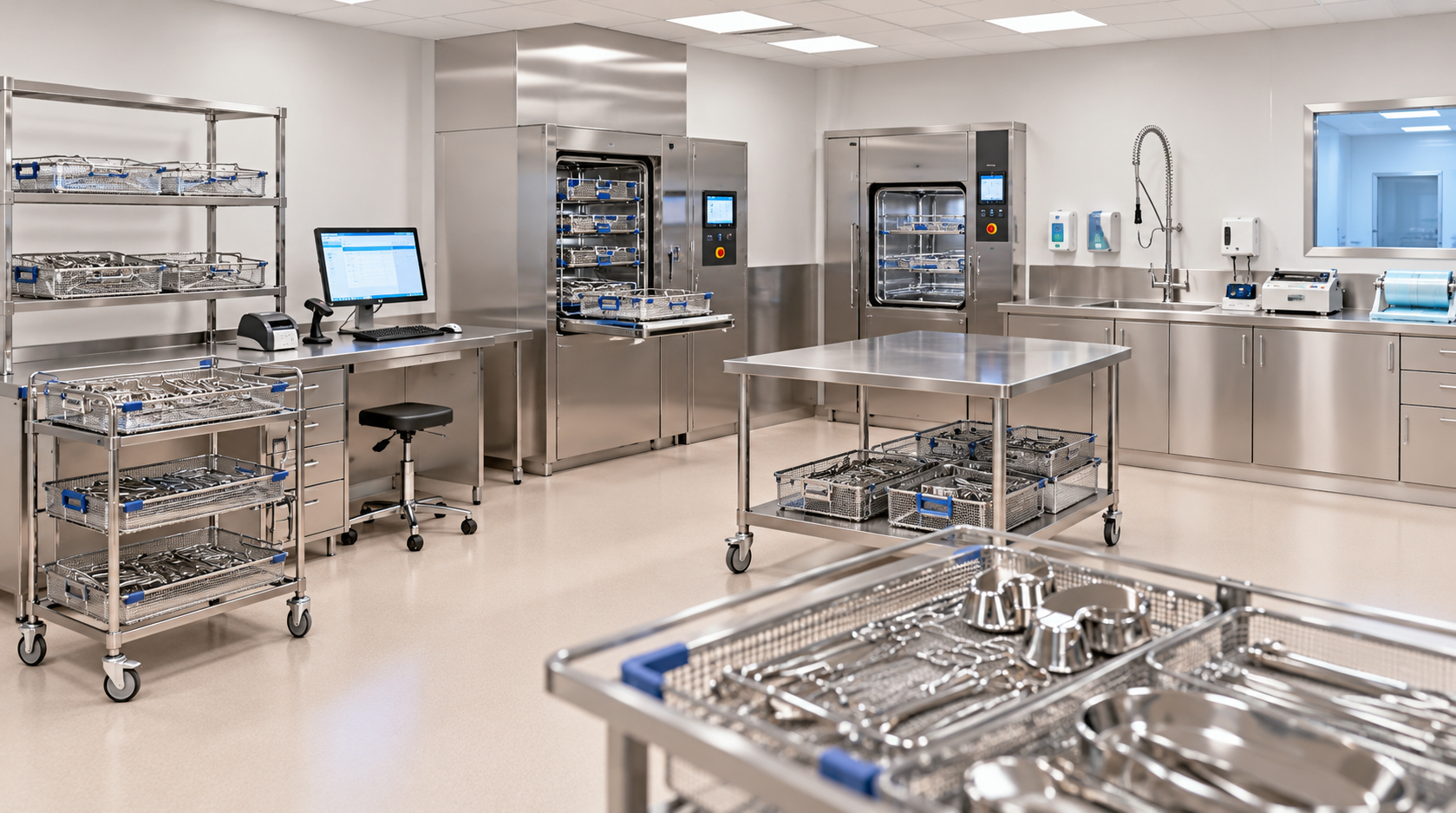 Salle de stérilisation avec équipements et mobilier en acier inoxydable